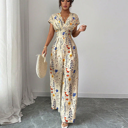 Autumn Short-sleeved Waist-cinching Wide-leg Pants