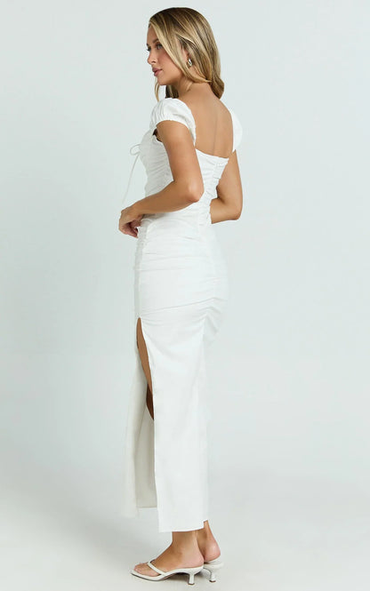 Farrow Midi Dress - Cap Sleeve Ruched Bust Fitted Dress in Off White
