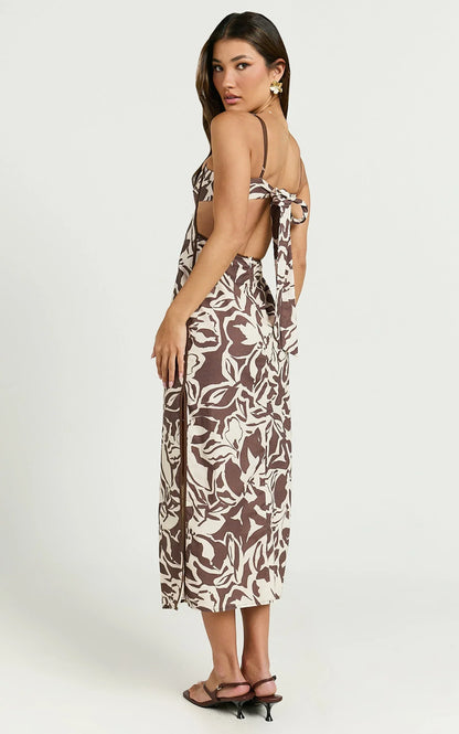 Gibson Midi Dress - Linen Scoop Neck Back Tie Dress in Tonal Stencil Floral