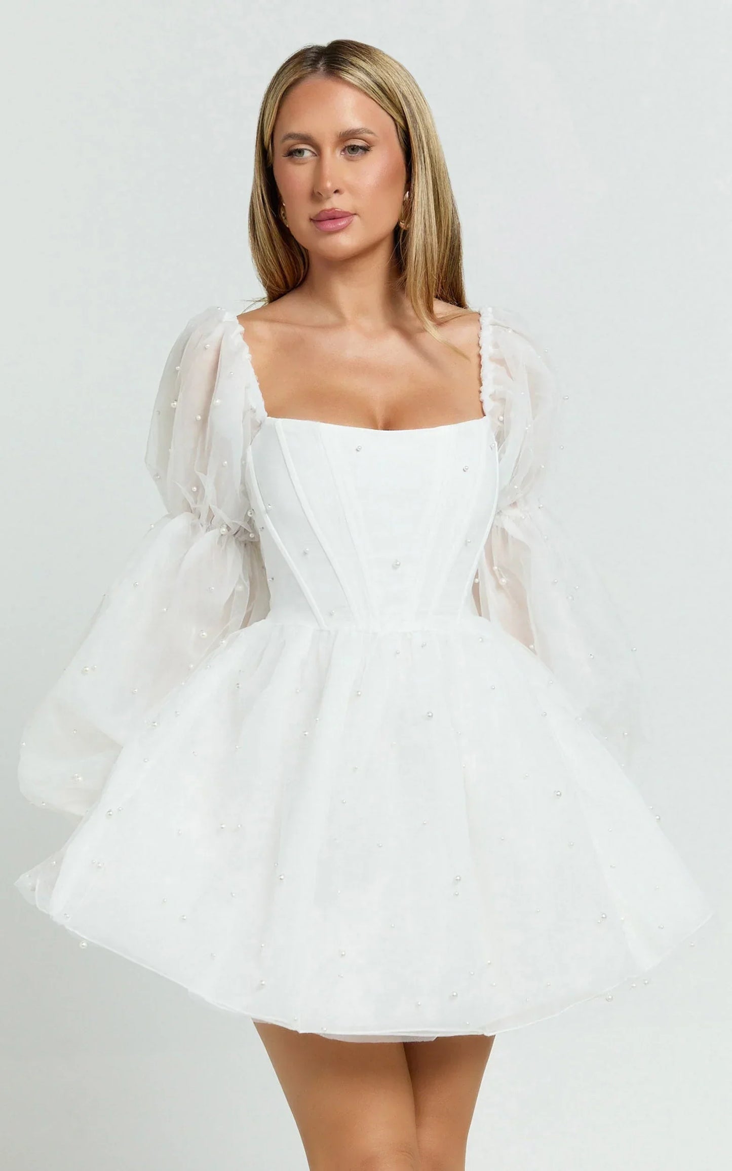 Ingrid Mini Dress - Long Puff Sleeve Pearl Detail Dress in White