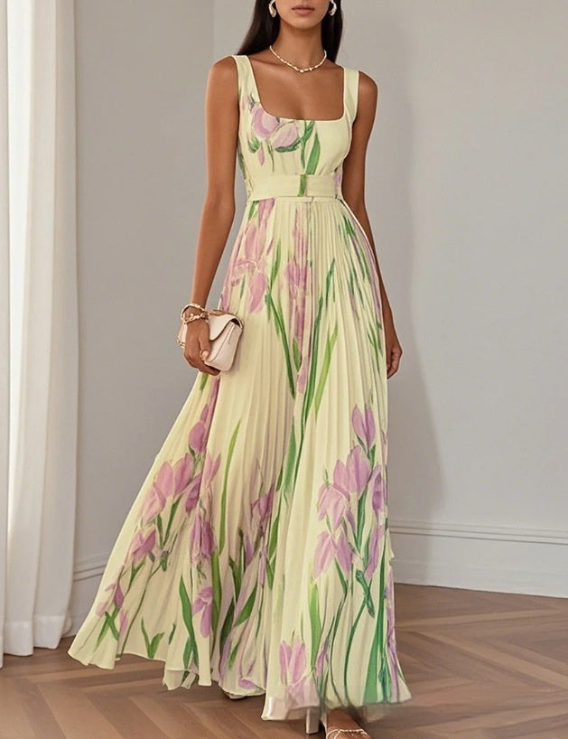 Floral Print Pleated Dress Summer A-Line Sleeveless Midi Dresses Women's Clothing