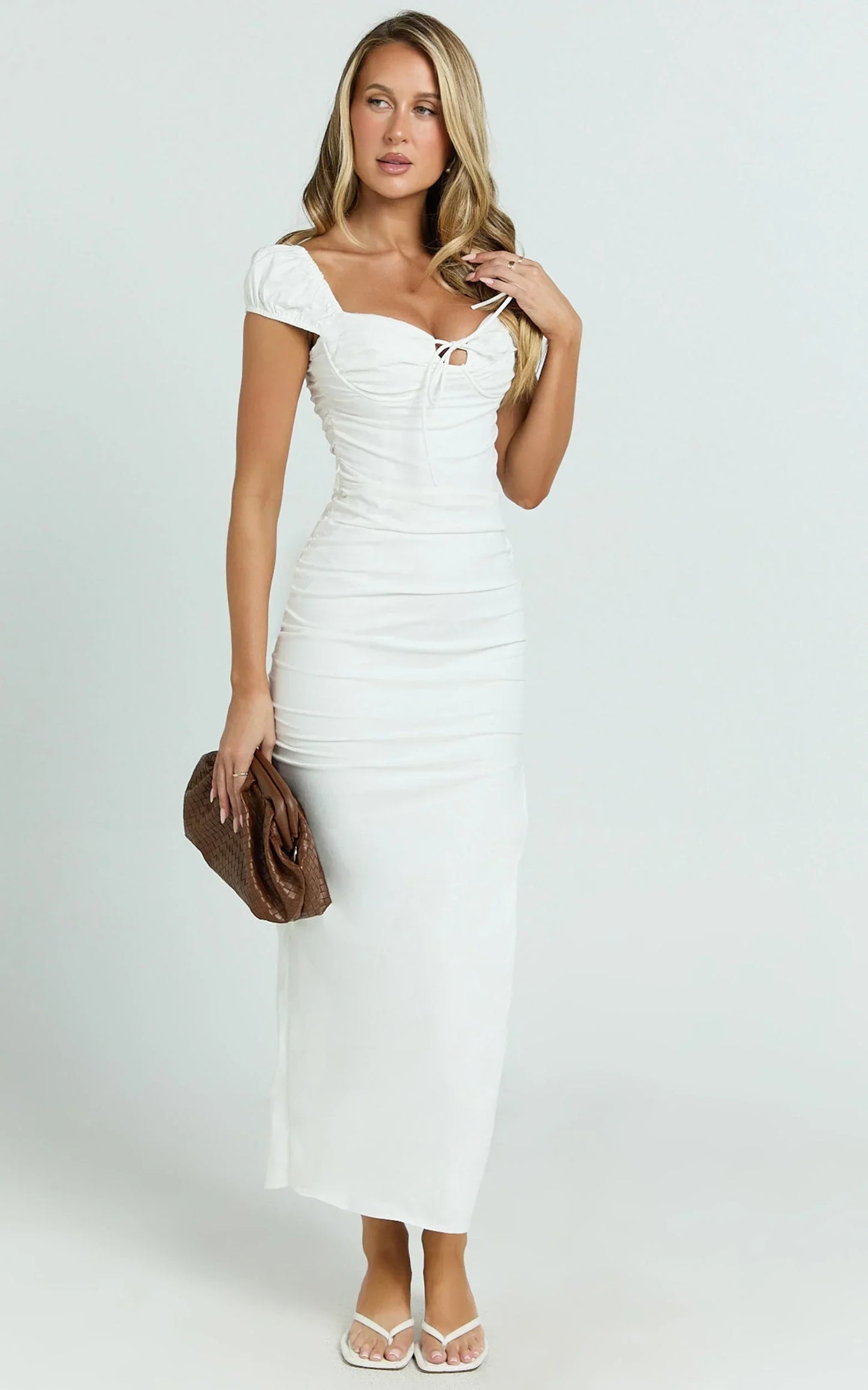 Farrow Midi Dress - Cap Sleeve Ruched Bust Fitted Dress in Off White