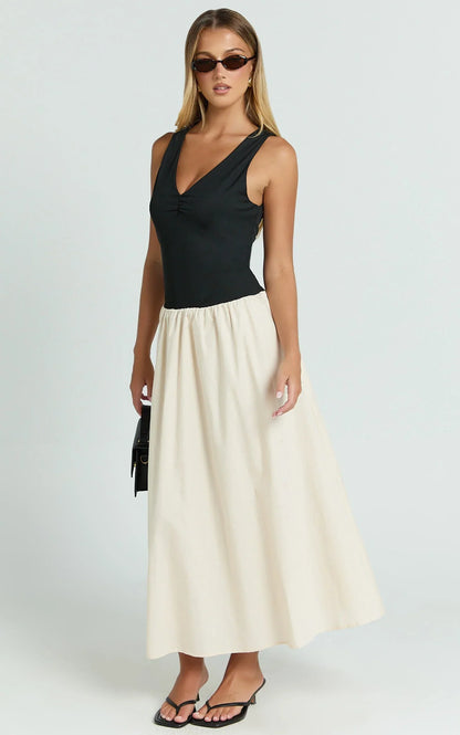 Hermi Midi Dress - Ribbed Bodice V Neck Dress in Cream