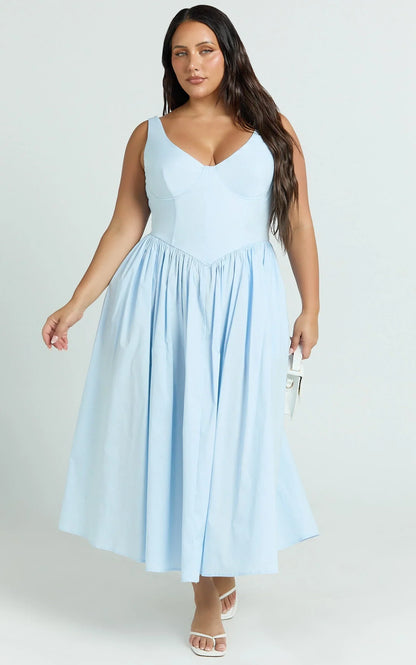 Beckett Midi Dress - Scoop Neck Drop V Waist Gathered Skirt Dress in Blue
