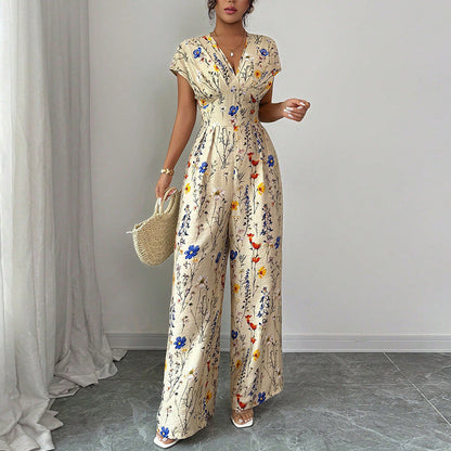 Autumn Short-sleeved Waist-cinching Wide-leg Pants