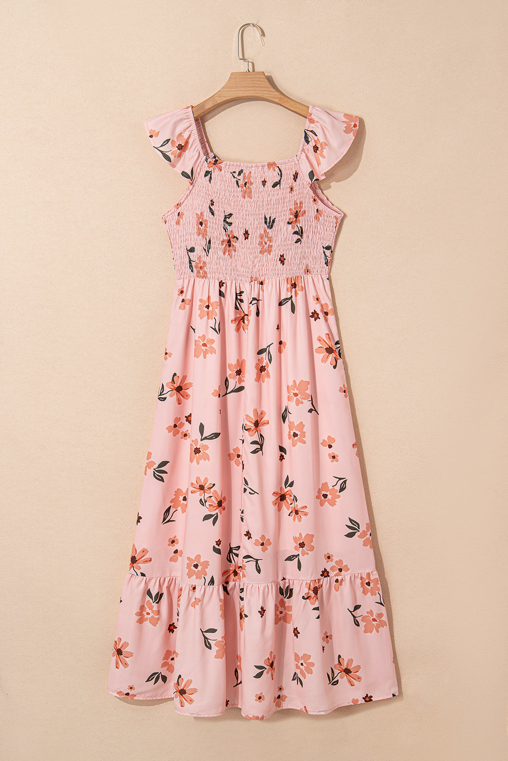 Pink Floral V Neck Smocked High Waist Ruffle Hem Maxi Dress
