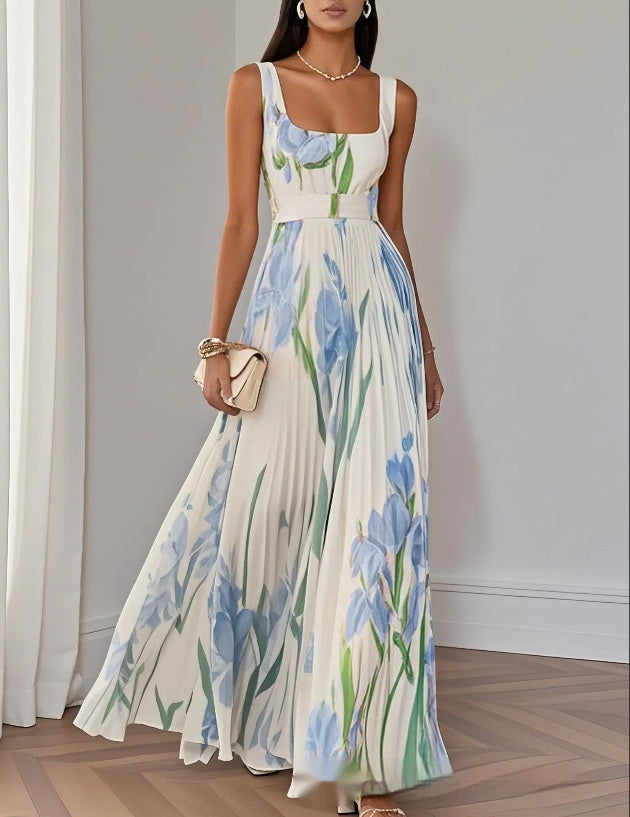 Floral Print Pleated Dress Summer A-Line Sleeveless Midi Dresses Women's Clothing